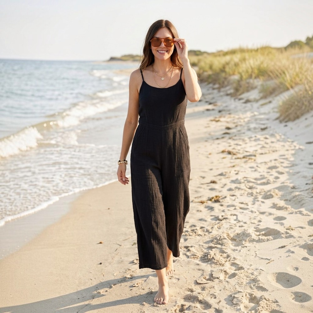 Carve Designs Knox Gauze Jumpsuit Black Organic Cotton Boho Beachy XS NWT
